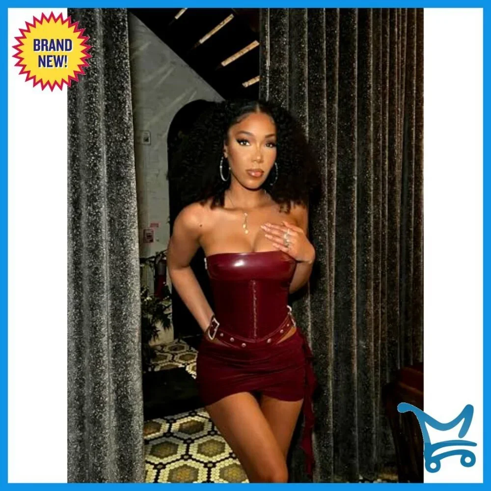 Leather Patchwork Two Piece Set Off Shoulder Tube Top High Waist Ruched Mini